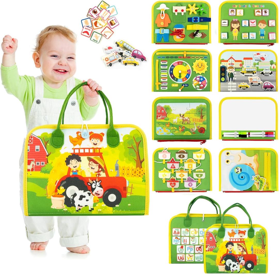 Busy Book for Toddlers 1-3, Farm Toddler Busy Board Montessori Toys for 1 2 3 4 Year Old, Sensory Board Preschool Learning Toy Quiet Books Birthday Gifts for Girls Boys, Travel Toys for Airplane Car