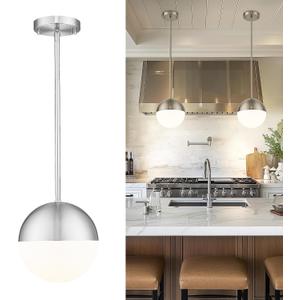 LMS Brushed Nickel Pendant Lights Kitchen Island, 8" Modern Globe Pendant Light Fixtures with Milk White Glass, Adjustable Hanging Lighting for Kitchen Island Sink Bedroom Bathroom, LMS-203, 8" White Glass, 1 Pack