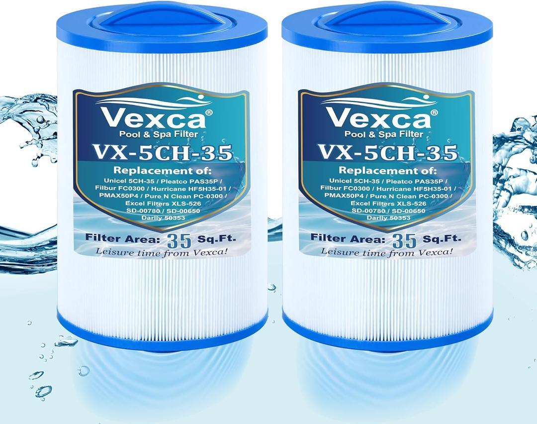 Vexca 5CH-35 Spa Filter Replacement for Pleatco PMAX50P4, PAS35P, Unicel 5CH-35, Baleen AK-90109, Excel Filters XLS-526, Pure N Clean PC-0300, SD-00780, SD-00650, 35 Sq.Ft, 2 Pack