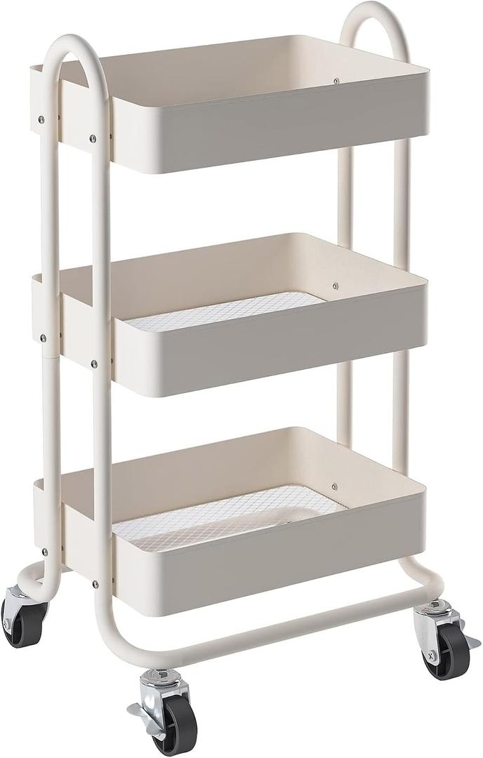 Metal Rolling Cart,3-Tier Metal Rolling Cart with Wheels,3 Tier Utility Cart with Wheels for Office,Home,Kitchen,Garden13.4"x18.1"x31" White