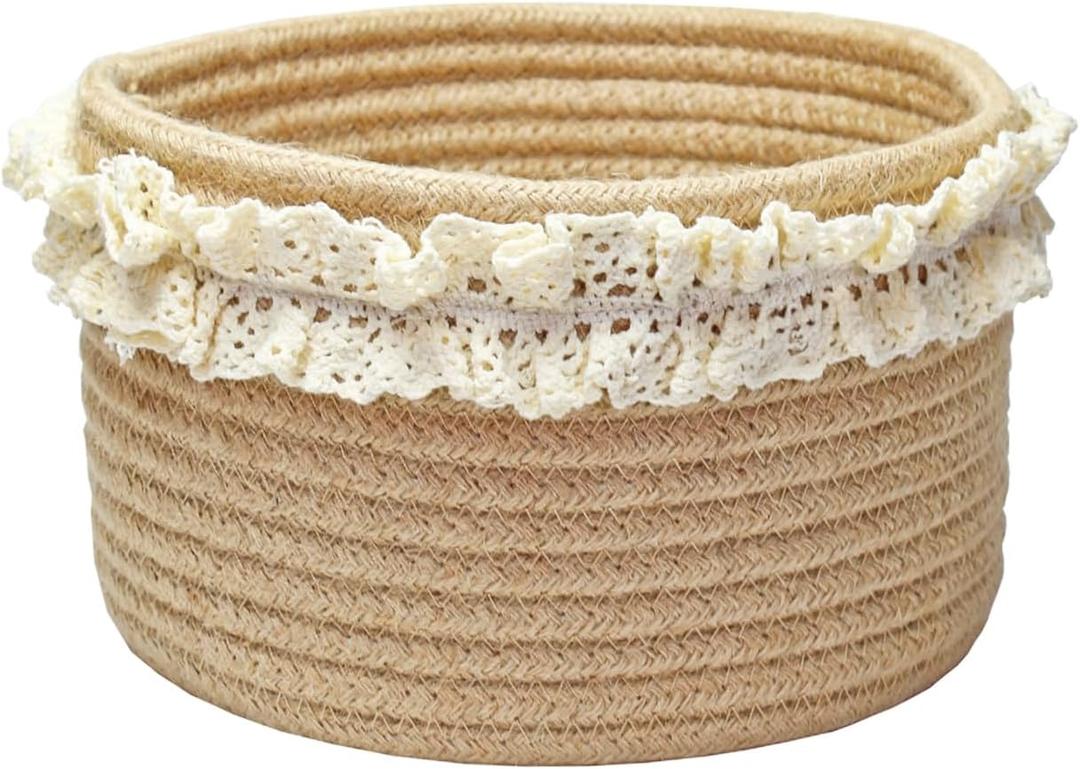 Yimi's Dream Basket for Gifts, Small Cute Round Baskets for Baby, Wedding, Birthday, Mini Decorative Jute Rope Baskets for Home Decor (Brown, 8"x 8"x 5") (brown with lace)