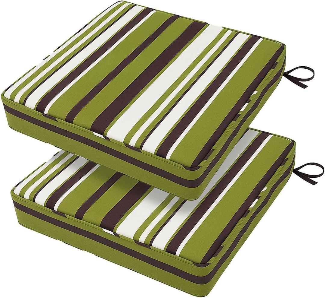 18x18x3 Inch Outdoor Square Corner Chair Cushions with Ties Set of 2, Water&Fade Resistant Thick Seat Cushion Pads for Garden Patio Dining Porch Furniture - Green Striped