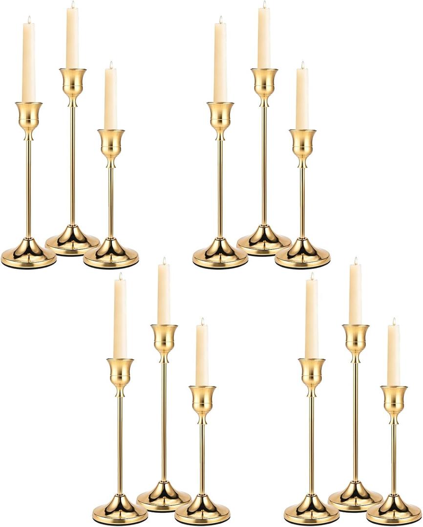 Brass Gold Candle Holders Set of 12, Metal Taper Candlestick Holders in 3 Heights - Vintage Candle Stick Holder Brass Decor - Candle Holder Centerpieces for Wedding Table Home Christmas Decoration