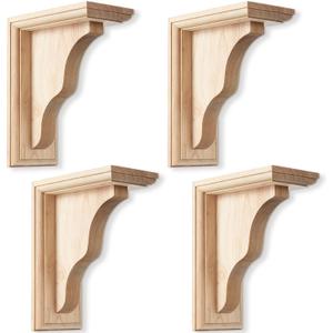 4 Pcs 2 1/4" W x 5" D x 7" H Traditional Wood Brackets Unfinished Hardwood Bracket Decorative Millwork Corbels Solid Wood Shelf Bracket for Home Shelf Cabinet Furniture Support