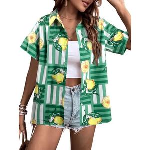 ALLTB Hawaiian Shirts for Women Tropical Floral Printed Hawaii Shirts Button Down V Neck Short Sleeve Blouses Tops,M