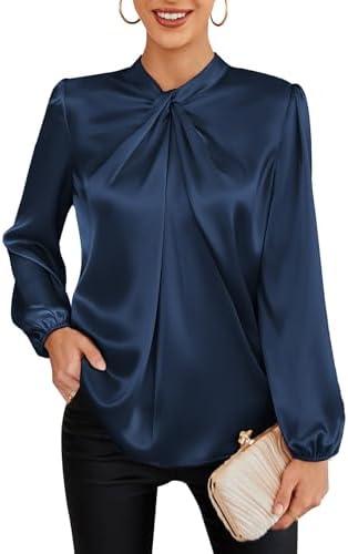 GRACE KARIN Women's Long Sleeve Satin Blouse,Mock Neck Work Silk Shirts,Dressy Tops for Business Casual Office, M