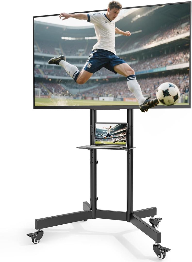 Upgraded Rolling TV Stand for 32-86 Inch TVs up to 200 lbs, Heavy Duty Mobile TV Cart with Laptop Shelf, Height Adjustable Portable TV Stand with Lockable Wheels, Max VESA 600x400mm, HW1285BK