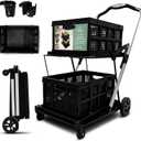Inspired Living Multi-Use Functional Collapsible Utility Cart, 2-Tier Trolley with 2 Storage Crates for Shopping Office Heavy Duty Lifting, Cup and Phone Holder, Foldable & Portable, Holds 200LBs