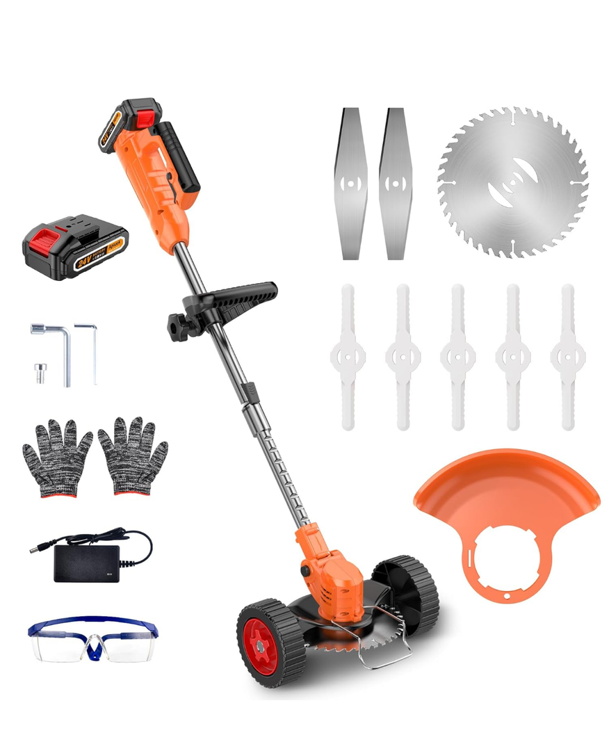 Cordless Lawn Trimmer Weed Wacker Orange - 21V Lawn Mower Grass Edger, Compact Power Tool for Lawn Yard Work，Equip with Cutting Blade Types * 3 & Li-Ion 2.0Ah Batteries * 2,2025