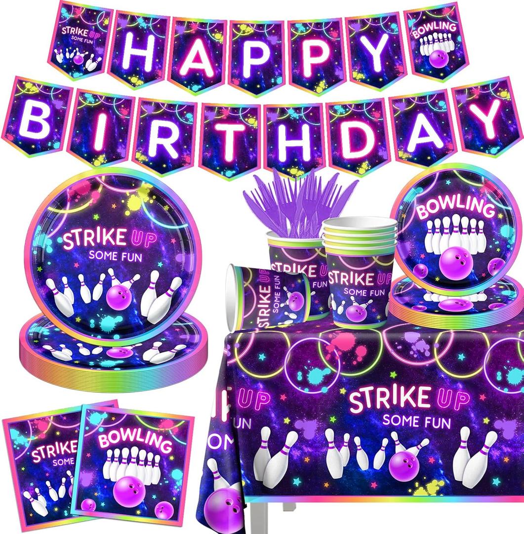Bowling Birthday Tableware 142Pcs Let's Strike Up Some Fun Bowling Party Decorations Rainbow Neon Glow Girls Birthday Party Favors Disposable Plates,Tablecloth,Napkins,Cups,Forks and Knives