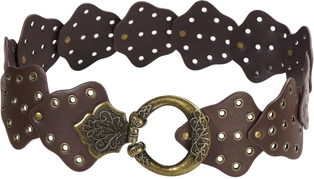 Wide Disc Belt for Women Vintage Leather Hollow Out Round Belt Western Waist Belt (XL (59.1 in), Leaf Brown)
