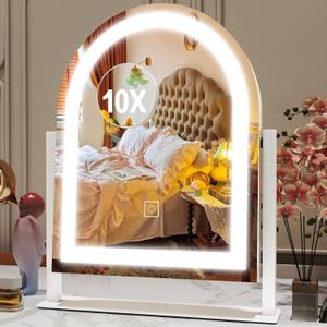 ROLOVE Lighted Makeup Mirror with 3-Color Dimmable Lighting, with Removable 10x Magnifier, Smart Touch Control, 360 Rotation, 15" x 13" Hollywood Vanity Mirror for Tabletop or Desk (White)