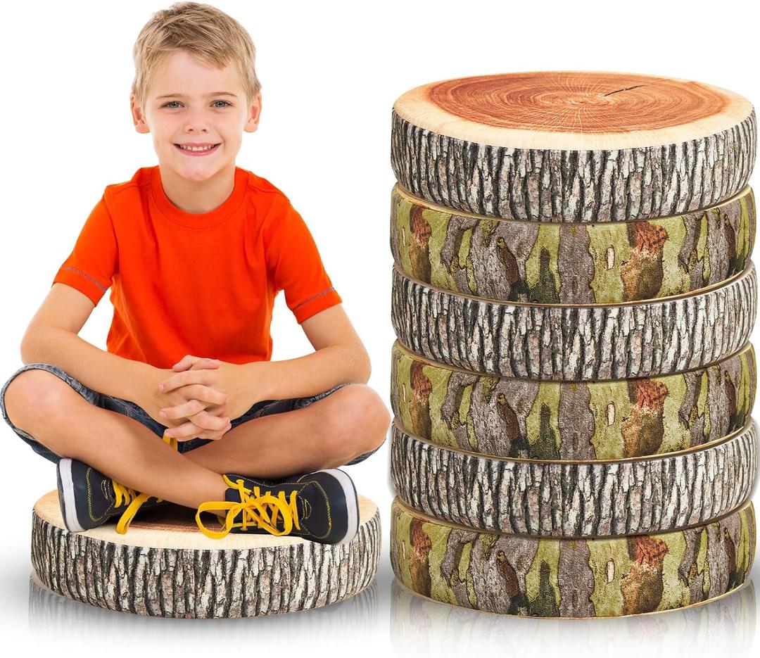 Juexica 6 Pcs Decorative Soft Round Throw Pillow Circle Seating Tree Stump Pillow 3D Digital Print Stump Cushion Flexible Seating Floor Cushion Natural Wood Forest Decor for Classroom Home Couch