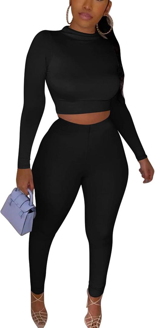 Kaximil Women's Workout Tracksuit 2 Piece Outfits Long Sleeve Crop Top High Waist Legging Pants Set (Black, Small)