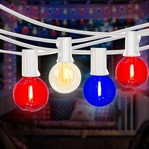 4th of July Outdoor Lights, 25Ft Red White and Blue LED Lights with 28pcs Multicolor G40 LED Bulbs, Waterproof Outdoor Patriotic Lights for Memorial Day Decorations Garland Patio Yard Balcony