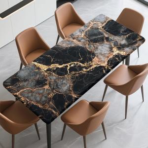 Rectangle Table Cover with Elastic Edge Design Waterproof Stain-Resistant Wipeable Fitted Table Cloth Fits 6 Foot Tables for Picnic, Camping, Outdoor, 72" x 30" (Black Marble)