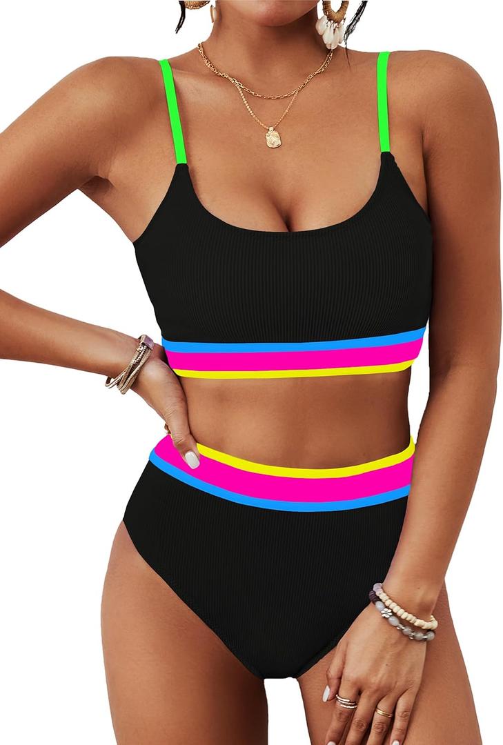 BMJL Women's High Waisted Bikini Ribbed Two Piece Swimsuit High Cut Color Block Adjustable Straps Bathing Suit (X-Large, Rainbow Black Pink043)