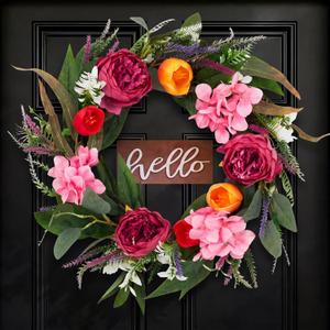 18in Summer Wreath for Front Door, Realistic Artificial Floral Door Wreath with Real Rattan Base, Includes 2 Matching Bouquets, Fake Flower for Spring Front Home, Mother's Day