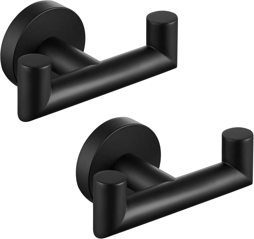 Angle Simple Double Towel Hook Matte Black 2 PCS, Stainless Steel Bathroom Robe Hook, Hand Towel Holder for Wall