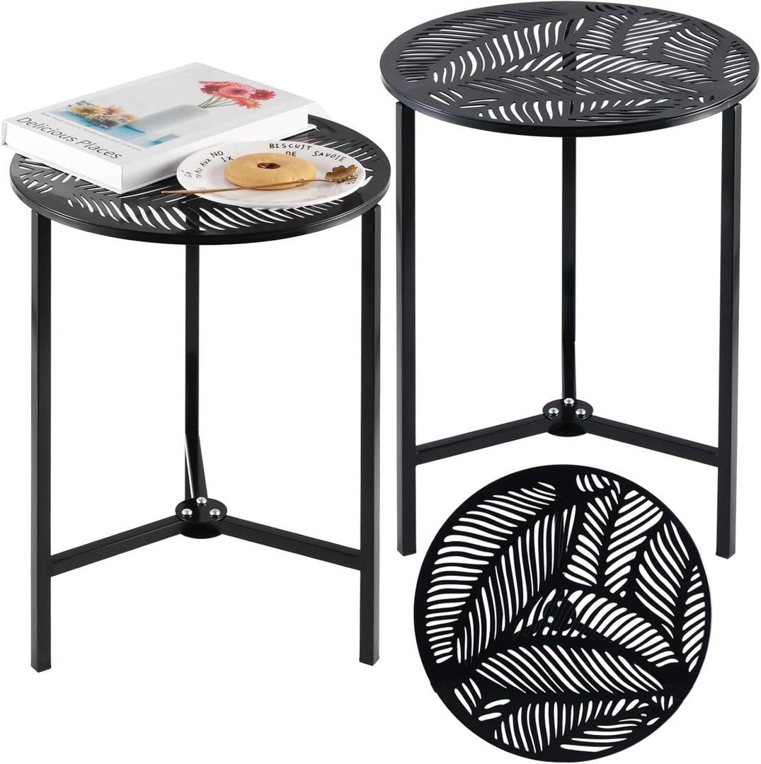 Party Zealot Set of 2 Small Round Metal Side Tables 13 Inches Black Outdoor End Tables for Patio, Balcony, Porch or Garden Weather-Resistant Corner Coffee Table for Small Spaces & Indoor Plant Stand