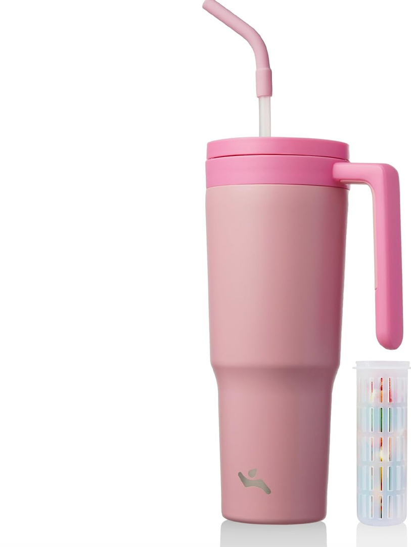 Insulated Tumbler with Handle and Straw, 40 OZ Vacuum Stainless Steel Water Bottle Travel Mug Metal Cup with Fruit Diffuser