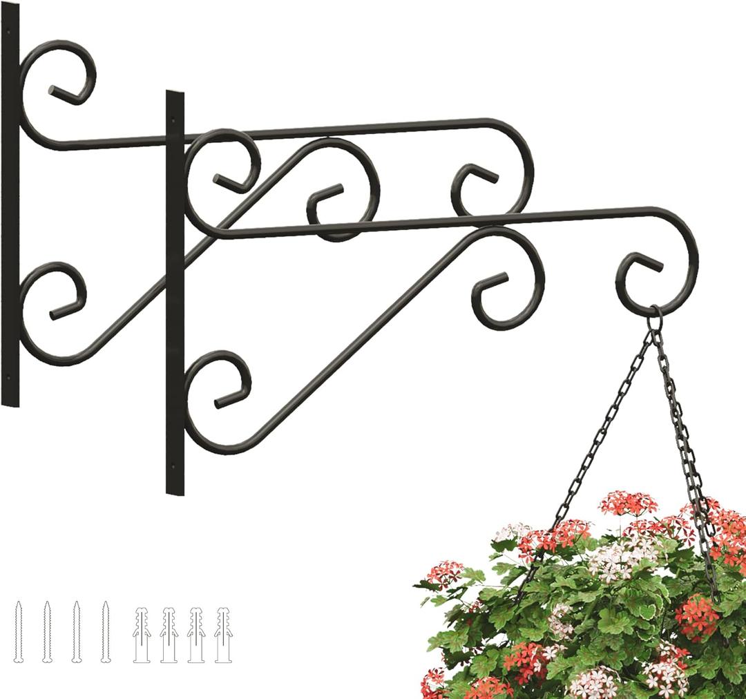 2 Pack 16 Inch Plant Hangers Outdoor Bracket, Indoor Wall Mount Metal Heavy Duty Rust-Resistant Bird Feeder Plant Hooks for Hanging Planters, Flower Baskets, Black