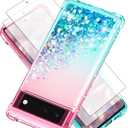 For Pixel 6 Case with Screen Protector*2, Clear Liquid Sparkle Glitter Floating Quicksand Phone Case, Soft TPU Bumper Shockproof Protective, Pixel 6 Phone Case for Women Girls,Pink/Blue