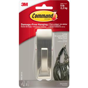 Command Large Modern Reflections Metal Hook, Brushed Nickel, 1-Hook, 2-Strips, Decorate Damage-Free