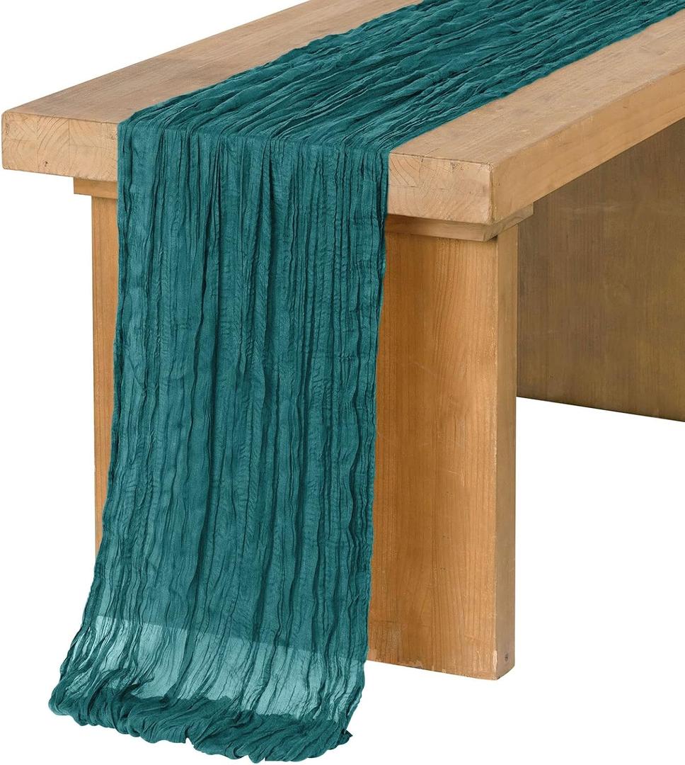 Ling's moment Blue Cheesecloth Table Runner, 168 Inch 14FT Teal Blue Boho Gauze Rustic Sheer Cheese Cloth Table Runners for Party Wedding Birthday Outdoor Bridal Shower Decor
