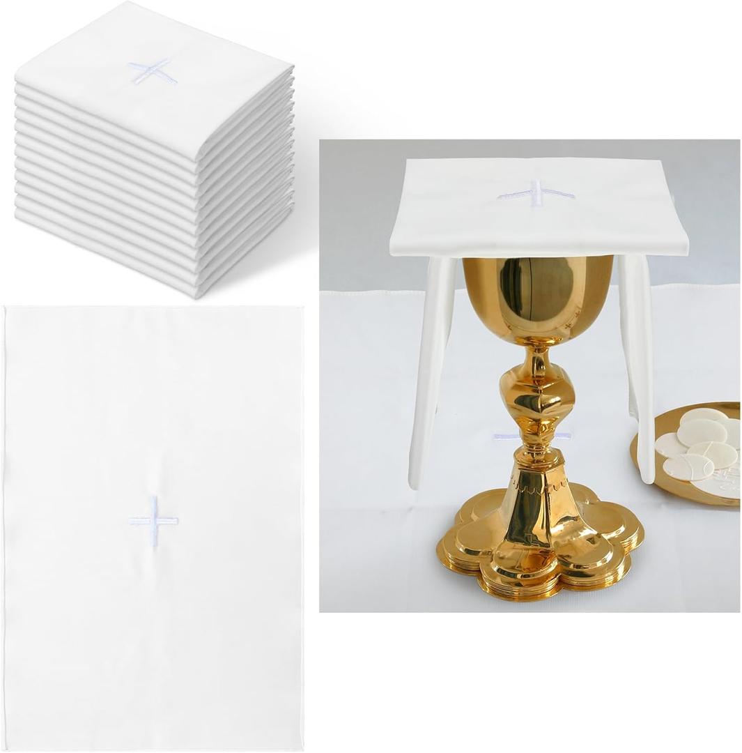 12 Pack of Embroidered Cotton and Linen Purificator with Silver Cross Center Embroidered Purificators for Catholic Mass Church Altar Cotton and Linen Towel Catholic Communion Supplies, 12 x 18 Inch
