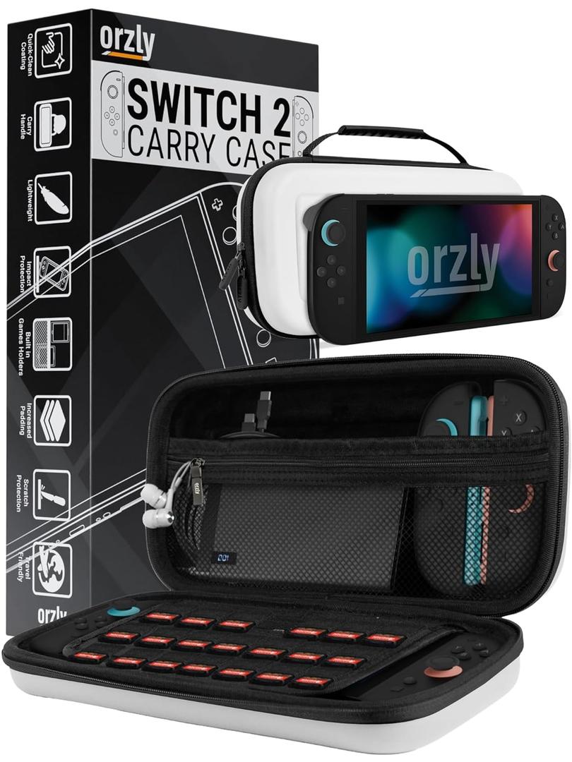 Orzly Case Compatible with Switch 2  Protective Travel Carry Case with Screen Padding, Game Card & microSD Slots, Zipped & Open Pockets for Accessories  7.9" Gift Boxed (White)
