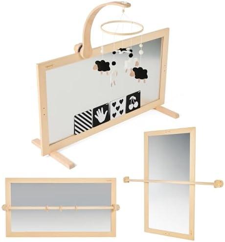 GROWGO Montessori Mirror Baby Wall, Baby Pull Up Bar, 3-in-1 Shatterproof Mirror with Wooden Pull Up Bar - Montessori Baby Furniture for Balancing Nature and Development