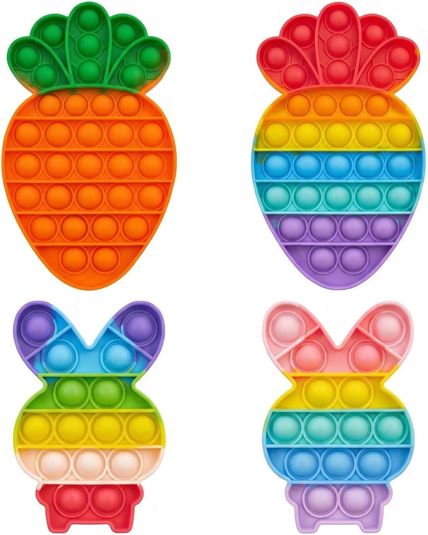 Easter Pop Fidget Toys for Kids, 4 Pack Rainbow Bunny and Carrot Push Bubble Sensory Toys, Easter Basket Stuffers for Kids Toddlers Boys Girls, Stress Relief Party Favors Gifts