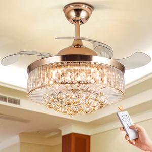 42 inch Crystal Ceiling Fan Light, LED Chandelier Fan with Remote Control Invisible Retractable Blade Extension Design, 3 Wind Speeds Decorative Pendant Lamp(Gold)