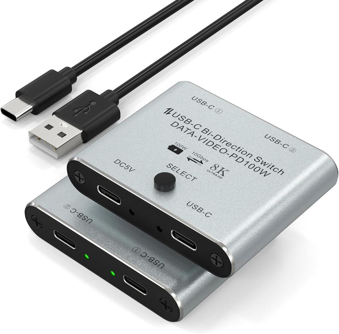 8K USBC Switch USB C Switcher for 2 Computers - Bi Directional USB C KVM Switch Splitter for 8K@60Hz/4K@144Hz Video Transfer+100W Charging+10Gbps Data, with Power Cable