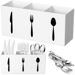 Suzile Acrylic Cutlery Storage Organizer Bin Silverware Caddy Countertop Knife Spoon and Fork Holder Kitchen 3 Section Tableware Storage Box for Cabinet Indoor Home Flatware Dining Room (White, M)