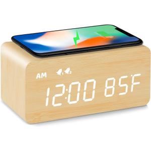 MOSITO Digital Wooden Alarm Clock with Wireless Charging, 0-100% Dimmer, Dual Alarm, Weekday/Weekend Mode, Snooze, Wood LED Clocks for Bedroom, Bedside, Desk, Kids (Bamboo)