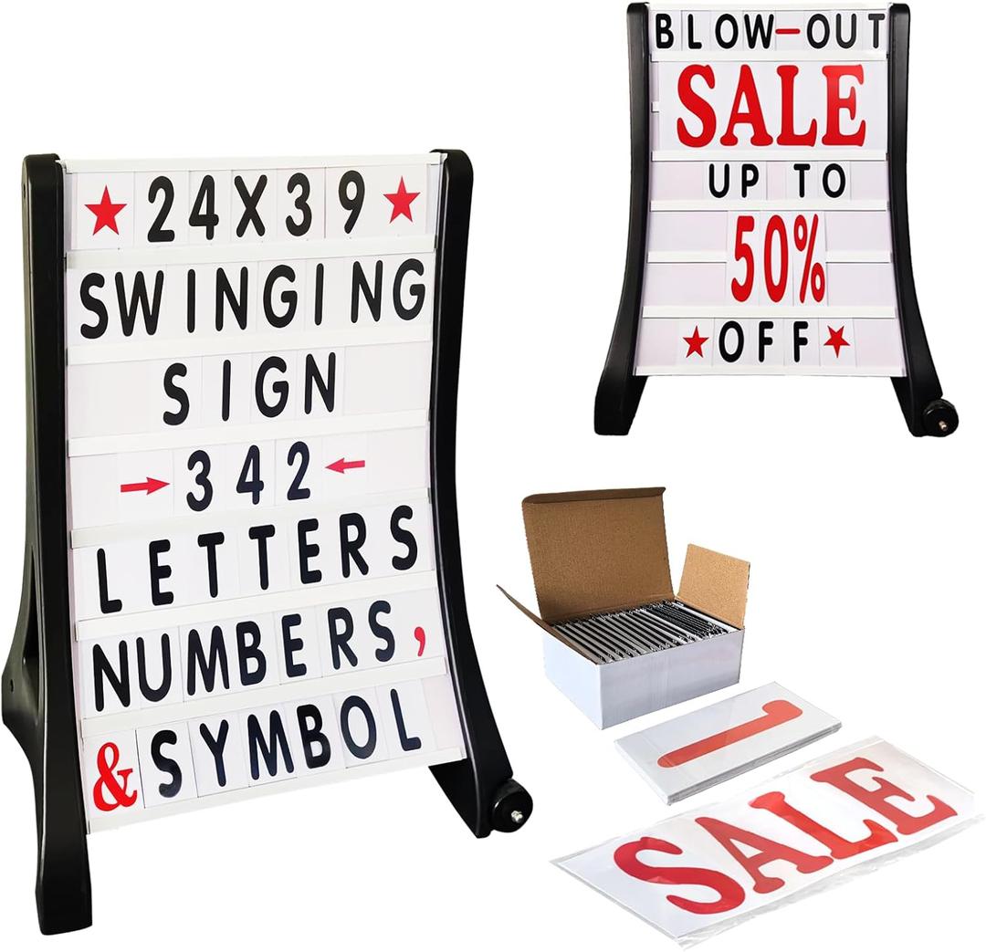 24"x39" Changeable Message Board Sidewalk Sign, Standard Portable A-Frame Sign & Letter Kit for Outdoor,Business, Large Black Standing Frame with Wheels, Water-Fillable and Wind-Resistant