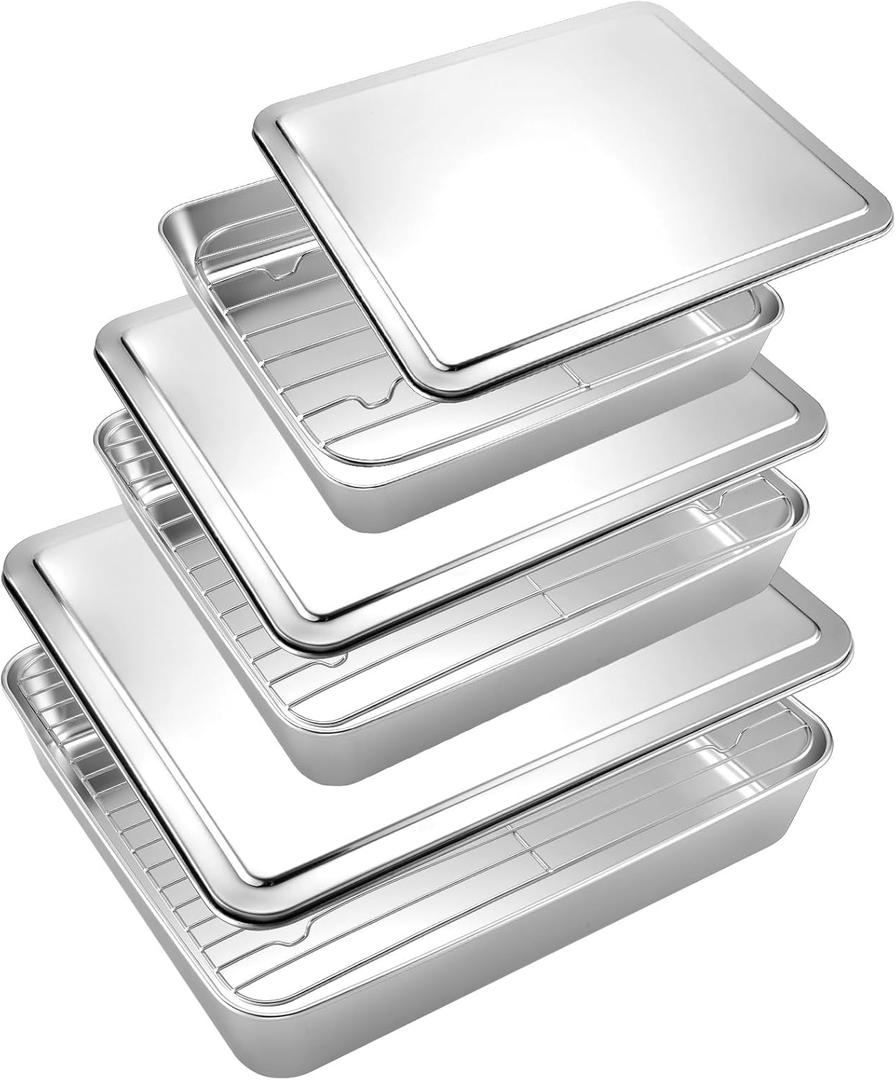 3 Sets Stainless Steel Roasting Pans with Lids, Baking Pan for Oven with 3 Pcs Flat Racks, Heavy Duty, Dishwasher Safe Rectangular Lasagna Pan with Handles for Turkey Chicken