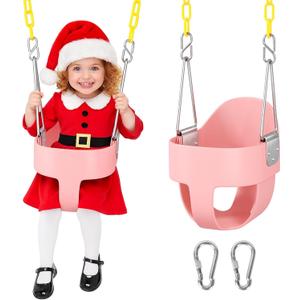 DECORLIFE Toddler Swing - High Back Full Bucket Seat for Ages 1-3, 330lb Capacity, Baby infant Swing Outdoor with Safety Design, Plastic-Coated Chains, Carabiners for Backyard, Playground, Garden-Pink