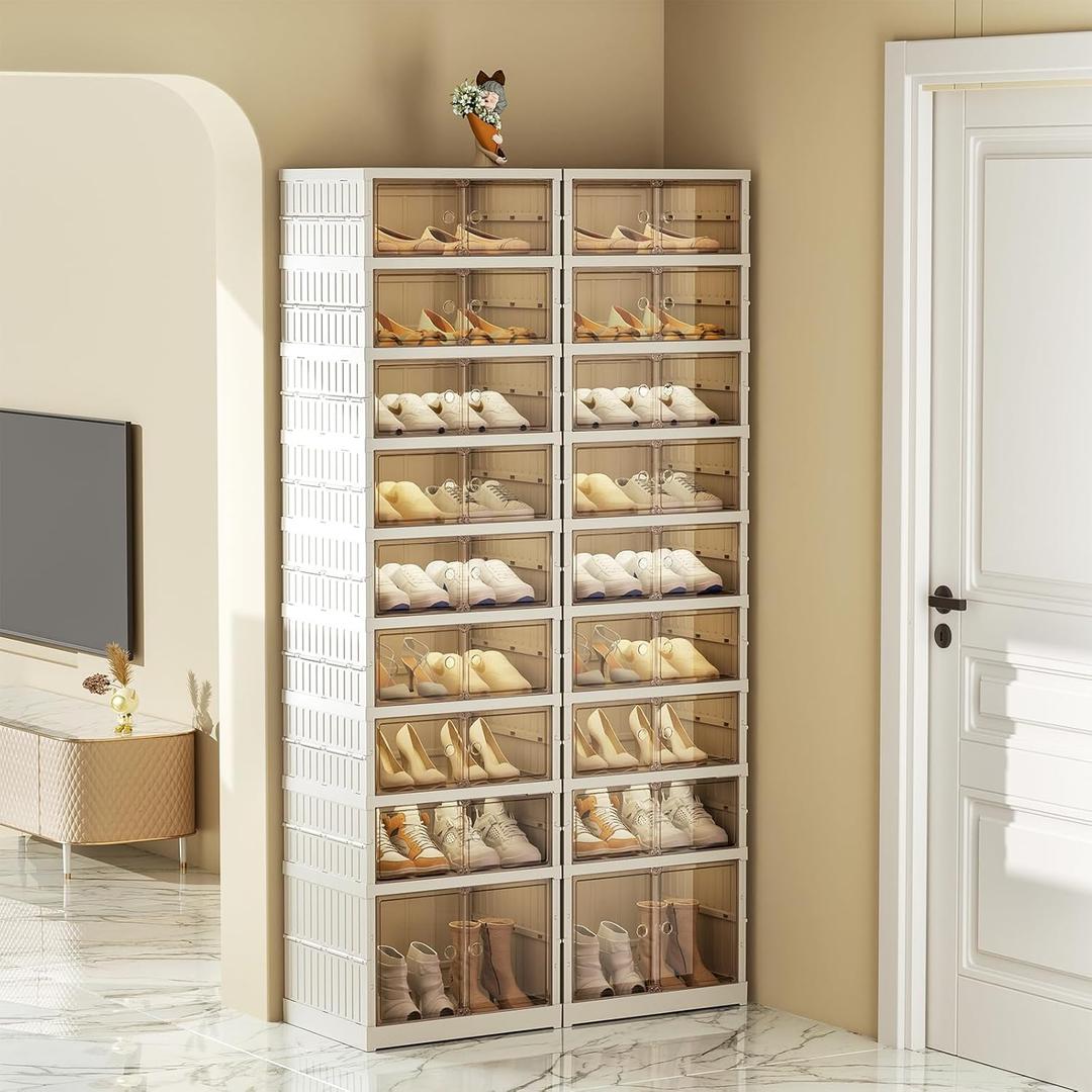 Collapsible Shoe Rack Organizer 9 Tiers-36 Pairs Foldable Shoe Cabinet with Doors, Large Plastic Folding Shoe Cabinet, Easy Assembly Shoe Shelves Organizer for Entryway, Living Room