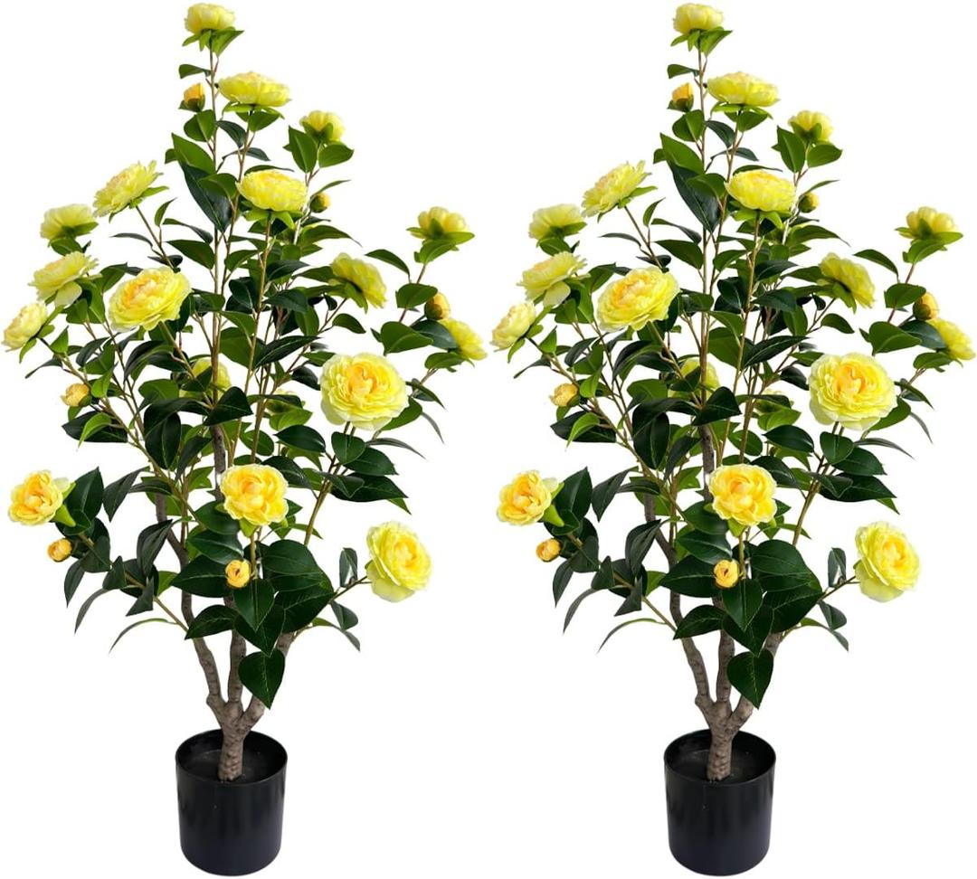 Artificial Camellia Tree 3.4ft Fake Trees pseudophyte (2, Yellow)