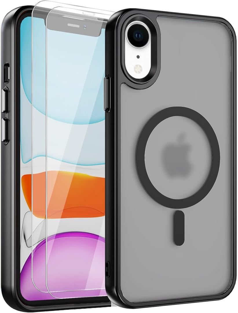 2 x Strong Magnetic for iPhone XR Phone Case [Compatible with MagSafe] [with 2X Screen Protectors] Military-Grade Protection, Slim Translucent Matte Bumper Cover for iPhone XR 6.1", Dark Black