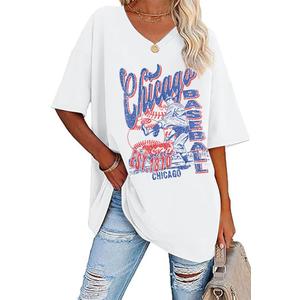 FLOYU Oversized Chicago Baseball Shirt Women Baseball SeasonTops Chicago Fan V Neck Short Sleeve Shirt (X-Large, White)