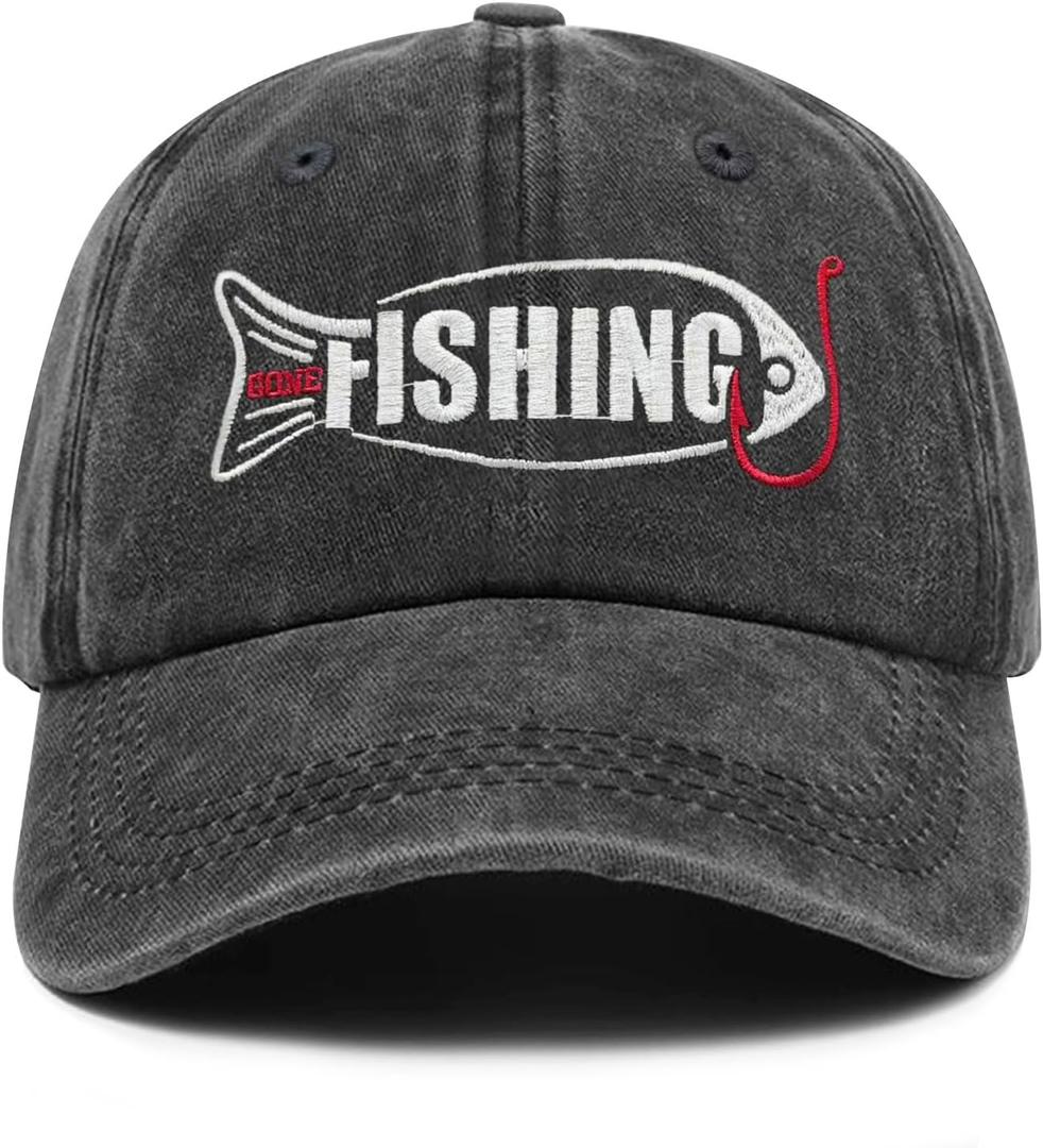 Embroidered Fishing Hats Men Women,Adjustable Baseball Cap, Funny Fisherman Dad Hat, Fishing Gifts, Father's Day Outdoor Cap (Gray)