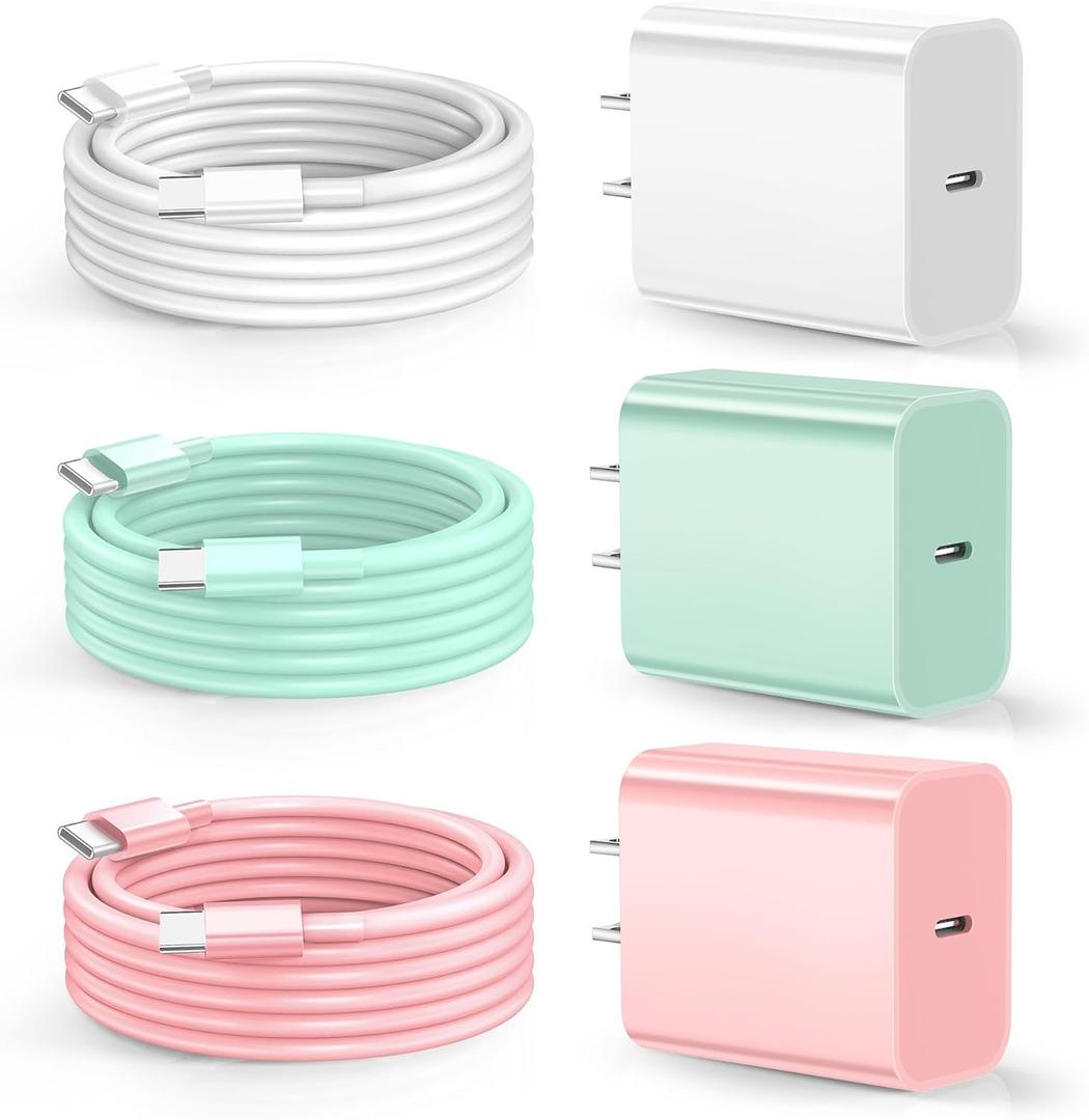 Dayaoncy Compatible with iPhone 17/16/15 Charger Fast Charging, 20W USB C Wall Charger with 3Pack 10FT USB C to C Cable, Type C to Type C Fast Charger Compatible with Phone/Android/Phone/Samsumg/Pad (White Green Pink)