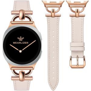 Wearlizer Leather Bands Compatible with Samsung Galaxy Watch 8 Band 40mm 44mm/Watch 8 Classic 46mm, Dressy Designer Slim Leather Strap Wristband Accessories with D-Shape Metal Buckle for Women (Starlight/Rose Gold)