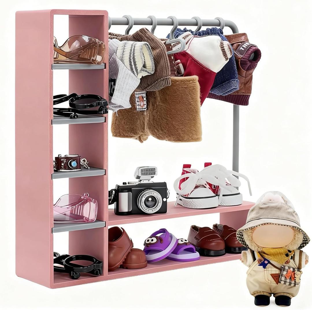 Doll Clothes Closet with 10 Hangers, Pink & Gray Color Block Doll Accessories Display Wardrobe, Compatible with Fasion Doll Clothes,Portable Storage for Figures,Gift