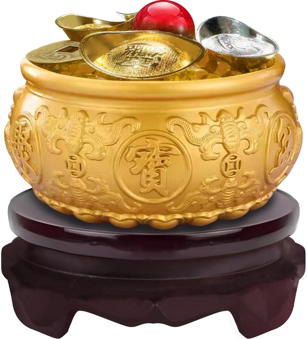WAYUTO Brass Treasure Bowl Set with Base 5Pcs Copper Coins Citrine Lucky Ball 2Pcs Gold Ingots and 2Pcs Silver Ingots Chinese Feng Shui Decoration for Business Prosperity Fortune 3.15"