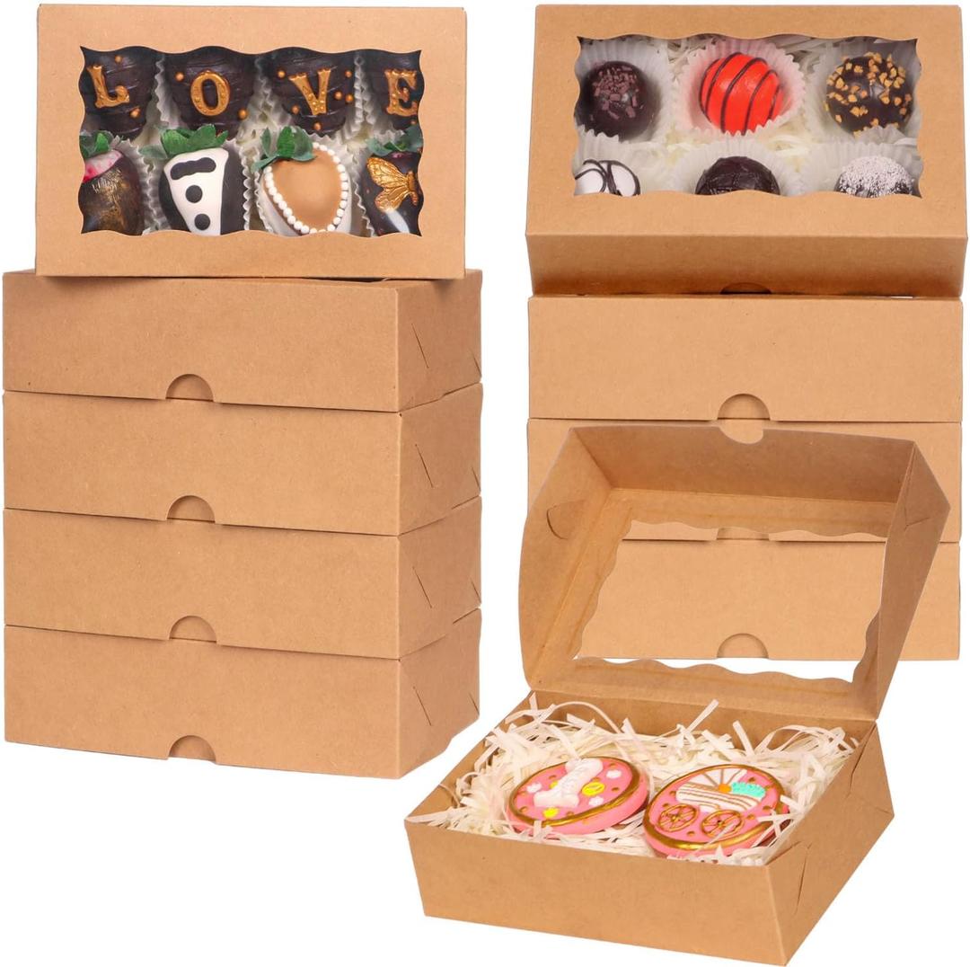 100pcs 7x4.3x2 Inches White Cookies Boxes with Window, Perfect for Cookies, Strawberries, Macarons, Truffles, Charcuterie, and More (Brown)